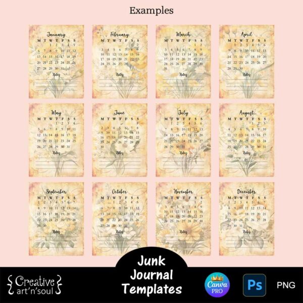 Junk Journal Calendar Cards Template