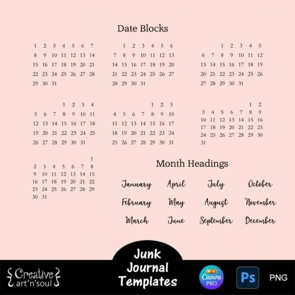 Junk Journal Calendar Cards Template