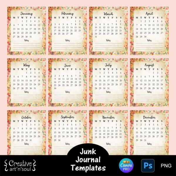 Junk Journal Calendar Cards Template