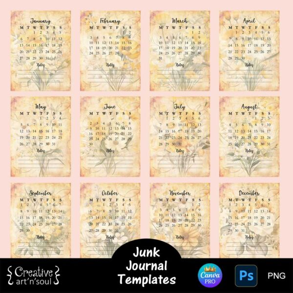 Junk Journal Calendar Cards Template